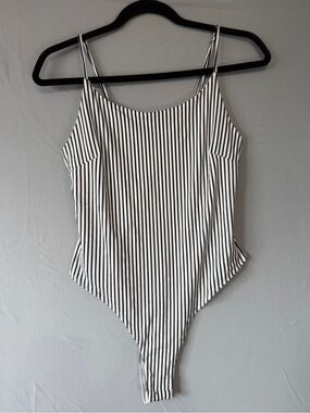 Mind Code Womens Striped Thong Bodysuit L White Black Adjustable Spaghetti Strap